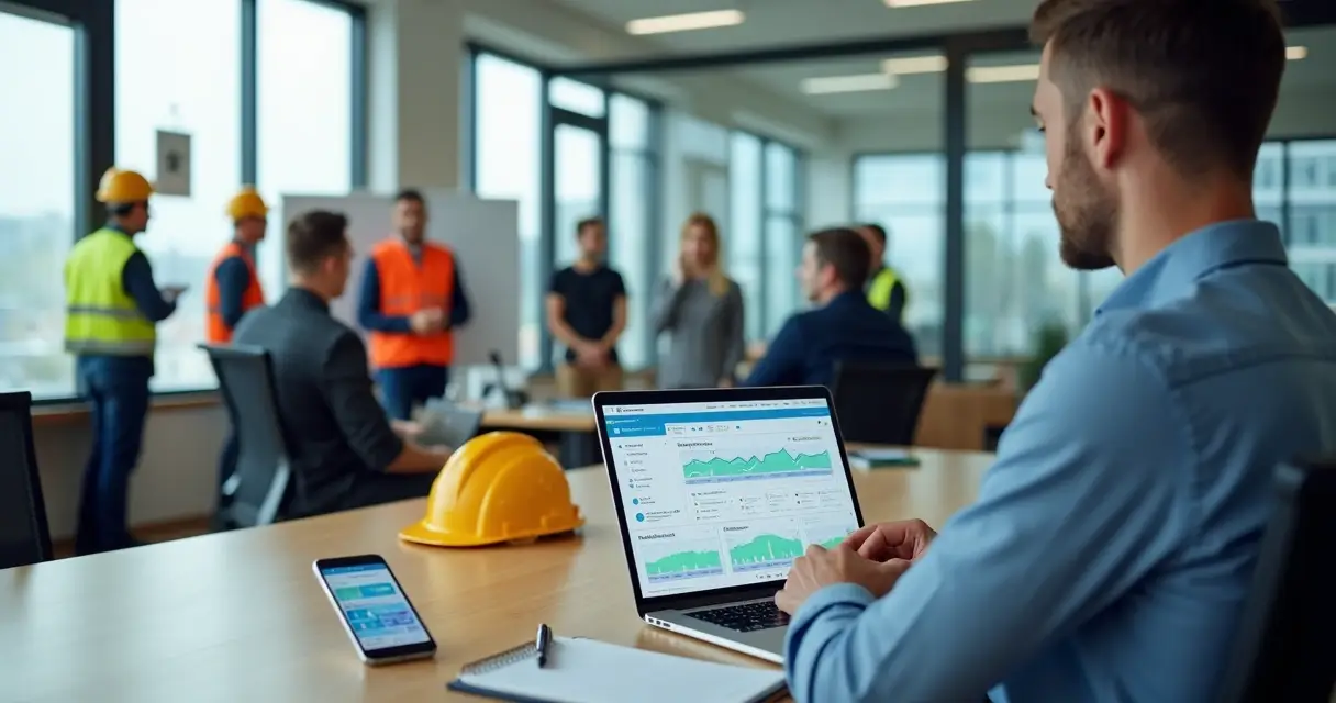 Gestor analisando plataforma online de treinamentos SST em notebook